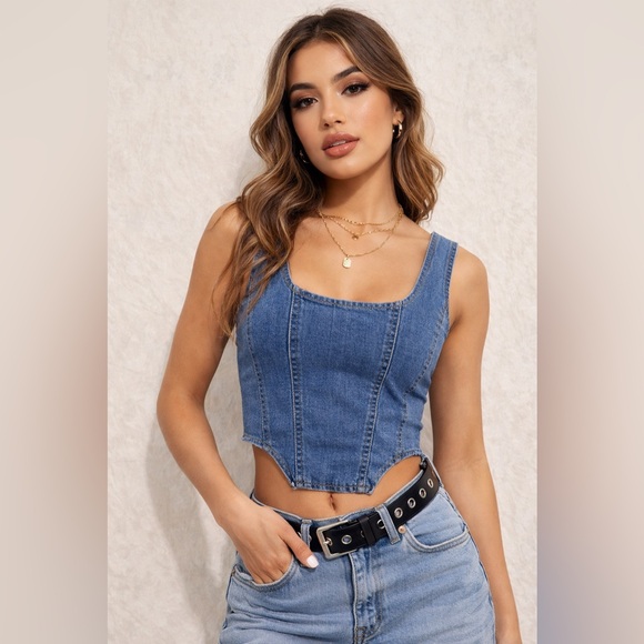 unknown Tops - Denim Corset Top Medium Blue Wash Structured Bustier Tank Y2K Trend